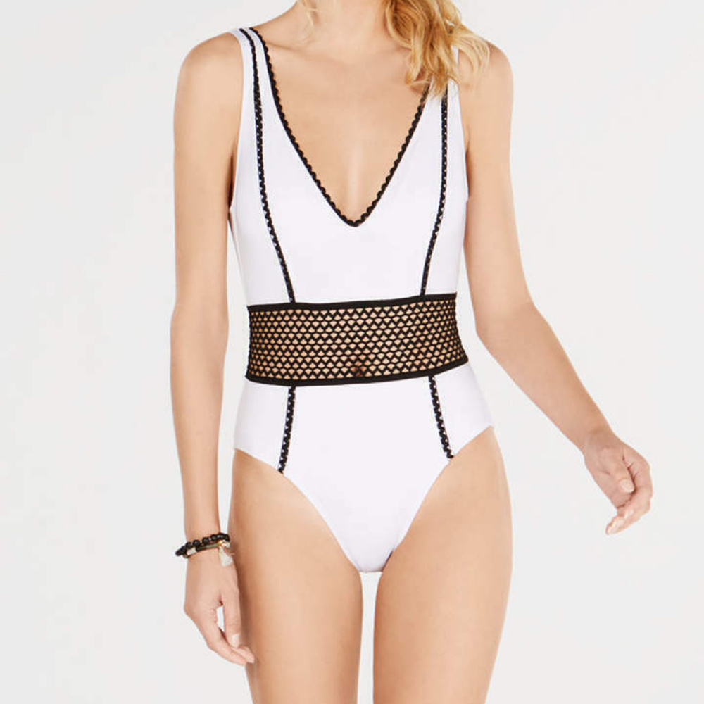 Kenneth Cole White One-Piece Swimsuit with Black Mesh Waist